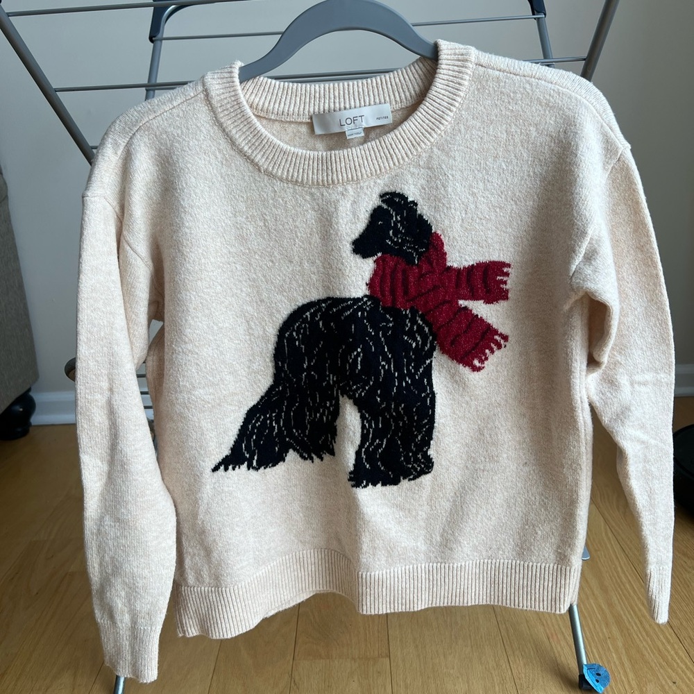 LOFT Cream Sweater with Black Dog and Red Scarf